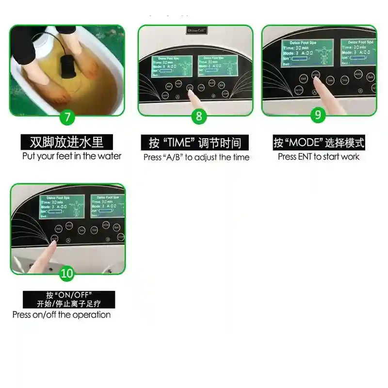 Dual ionic foot bath detox machine operation guide showing LCD control panel, settings, and spa cleanse usage steps.