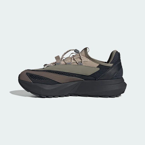 Adidas LIGHTBLAZE VISTA sneakers in olive and black. Mesh and synthetic running trainers with thick, chunky soles.