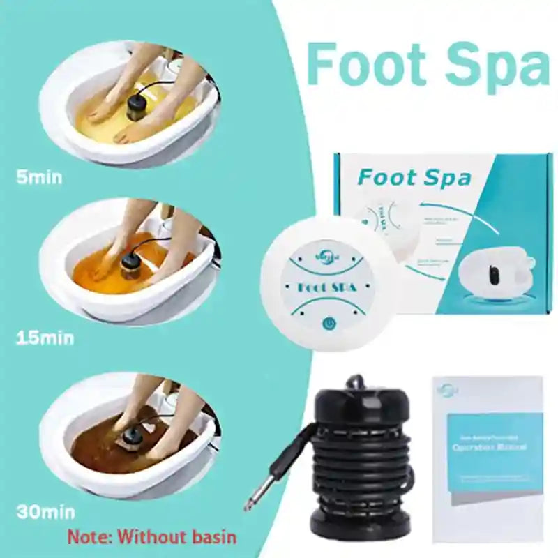 Ionic detox foot spa machine with control unit, array, and manual for home detoxification therapy. Basin not included.