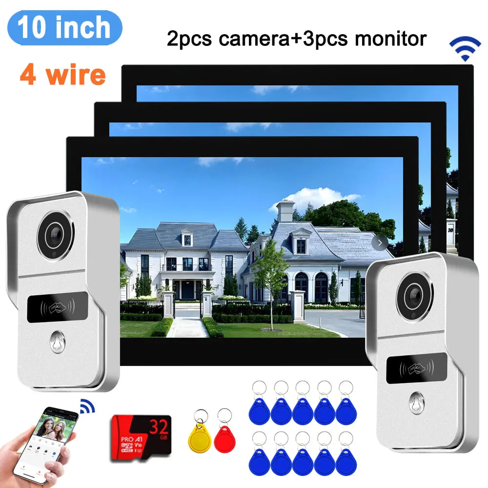 10-inch kit: two silver cameras, three black monitors, RFID keys