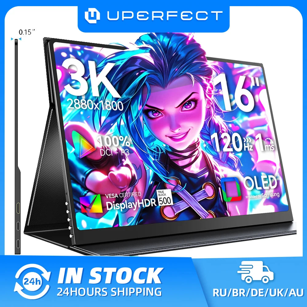 UPERFECT 16" OLED Portable Monitor 3K Mobile Display 120Hz 100% DCI-P3 500Nits 1MS Eye Care External Screen for Mac PC PS5 XboX