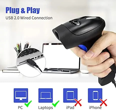 Black wired barcode scanner with USB 2.0 plug-and-play connection