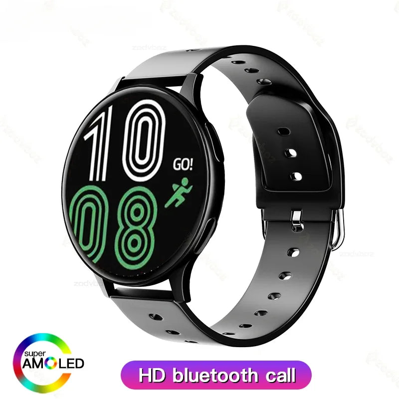 Bluetooth calling smart watch with black round display and black silicone strap