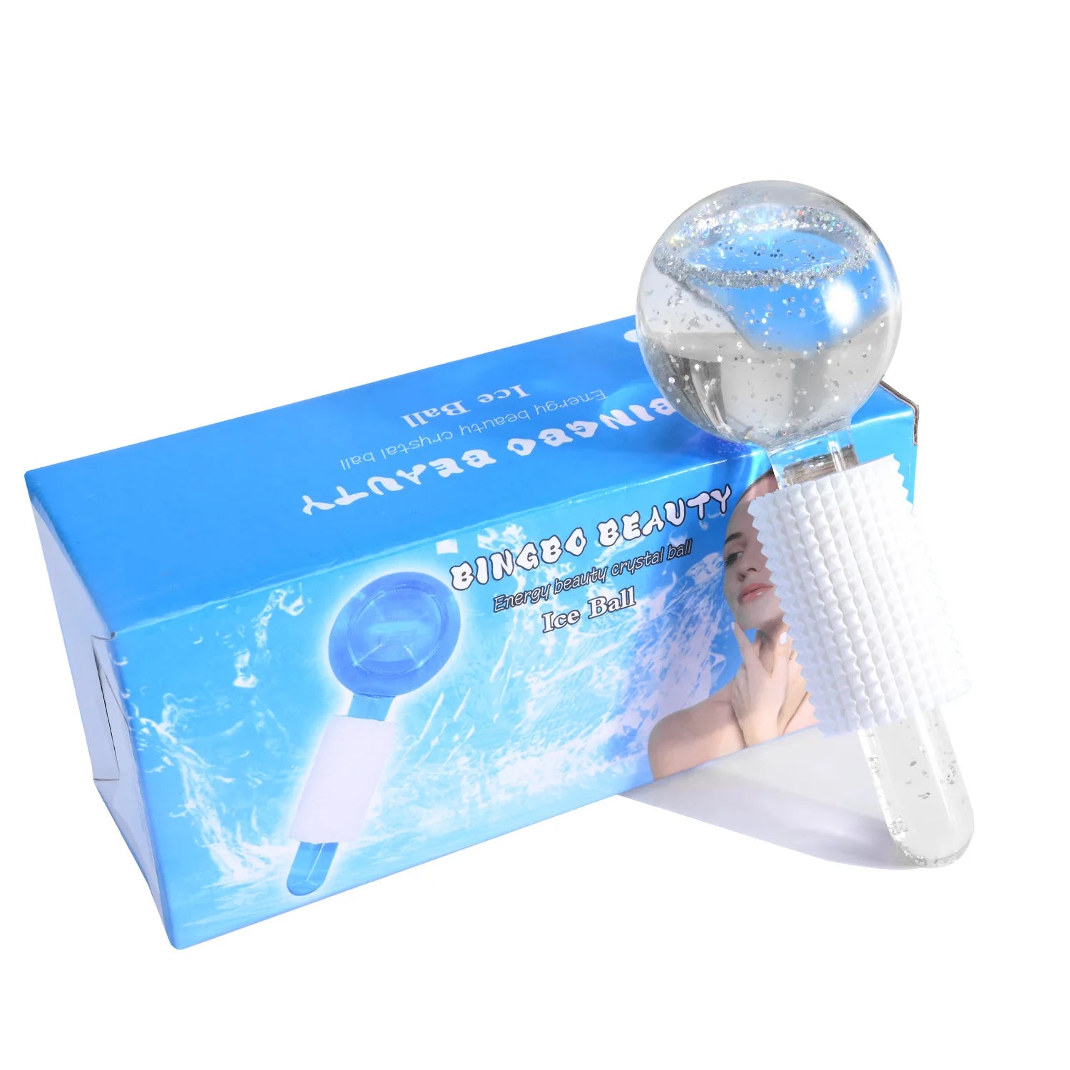 Clear glass facial ice roller with glittery blue liquid, white textured grip, and matching BINGBO BEAUTY product box.