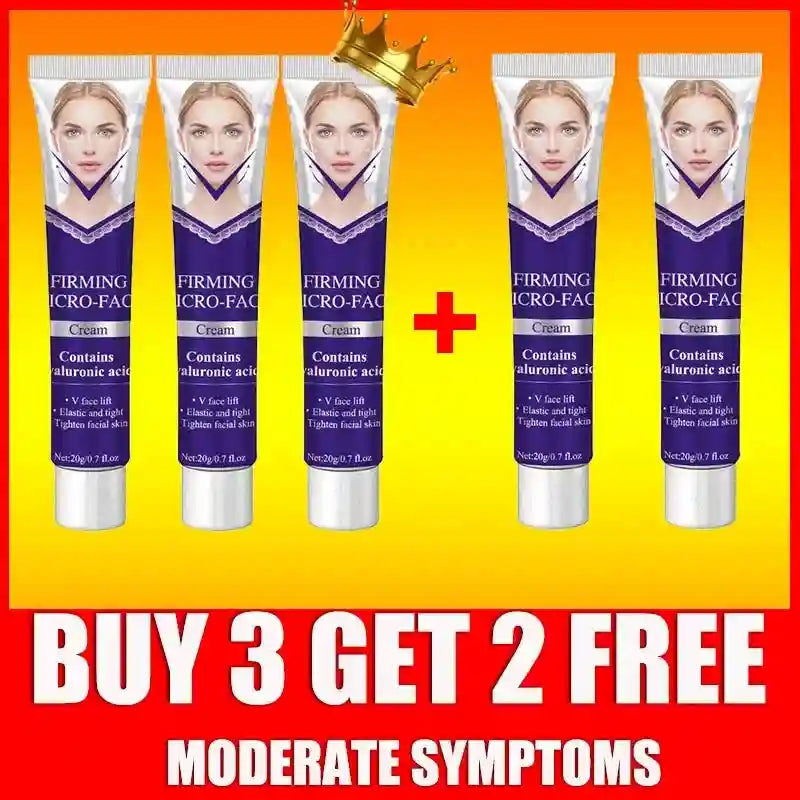 Five tubes of V-line face lifting cream with purple and white packaging, featuring a gold crown and text "Buy 3 Get 2".