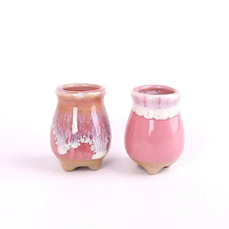 Pair of mini ice-crack ceramic succulent pots with pink glaze and white drips