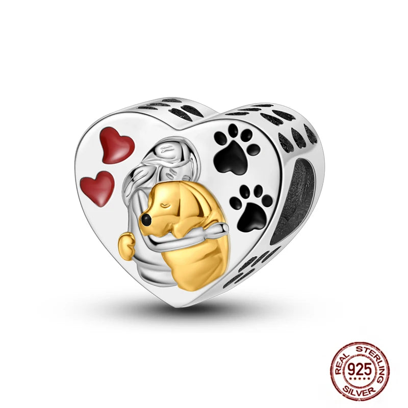 925 sterling silver heart charm featuring a girl hugging a puppy, perfect for pet lover DIY bracelets and pendants.