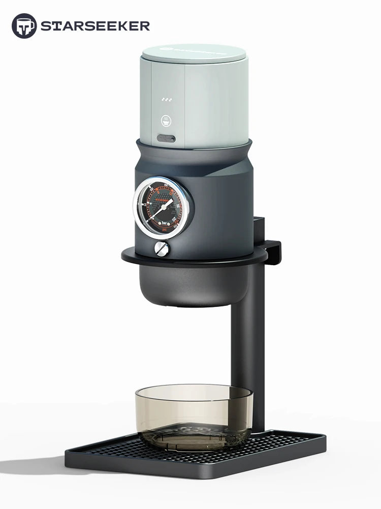 Starseeker manual espresso maker with pressure gauge, matte grey and light green finish on a black stand and base.