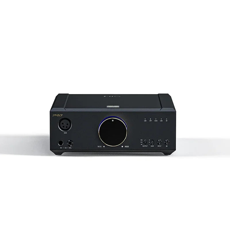 Front panel view of black desktop DAC and headphone amplifier with blue-ring control knob