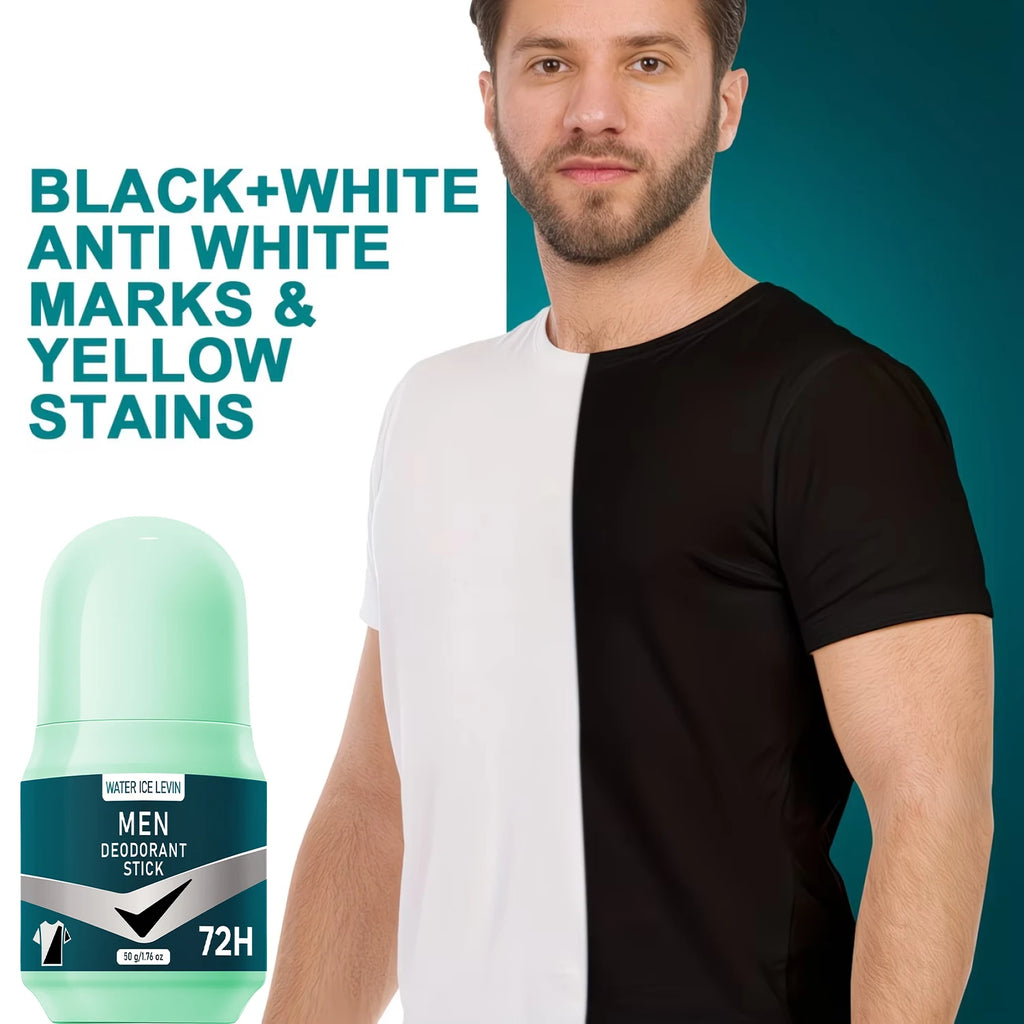 Water Ice Levin men's deodorant stick in mint green bottle, prevents white marks and yellow stains, 72H odor protection.