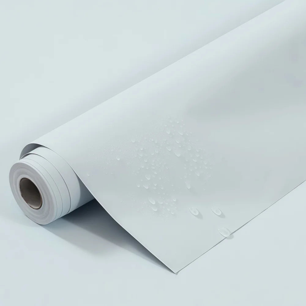 Self-adhesive waterproof vinyl wallpaper roll, light blue matte with raised water droplets