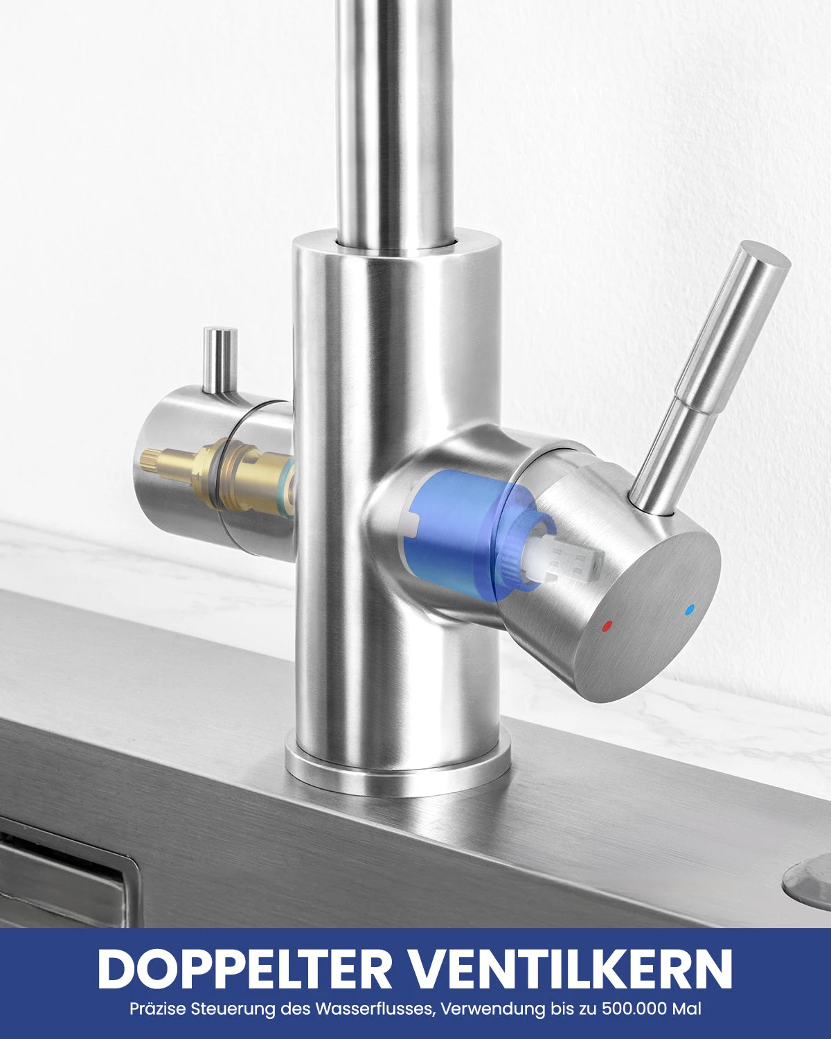 3-way kitchen faucet with 2 handles-Kitchen mixer with hot and cold water and purified water-360° swivel sink faucet-Brushed stainless steel