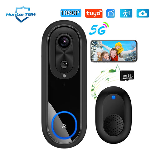 Black wireless video doorbell camera with blue LED ring and front lens