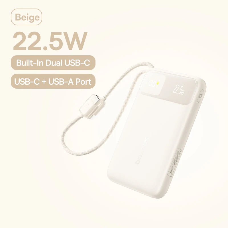 Beige 10000mAh portable power bank with built-in USB-C cable, digital display, and USB-A port for mobile charging.