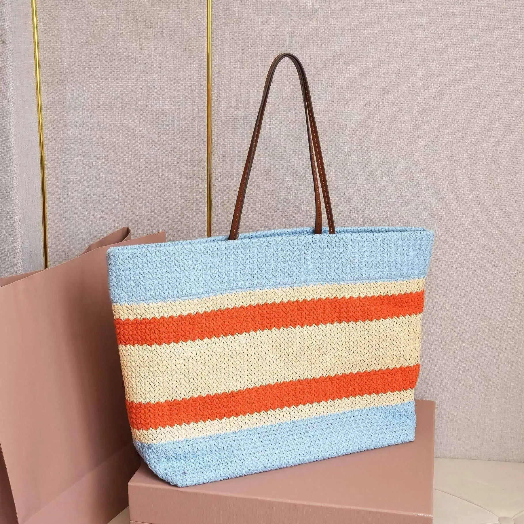 Fashion Woven Straw Tote Large Capacity Beach Resort Style Bag Women Contrast Stripes Shoulder Handbag Luxury Designer