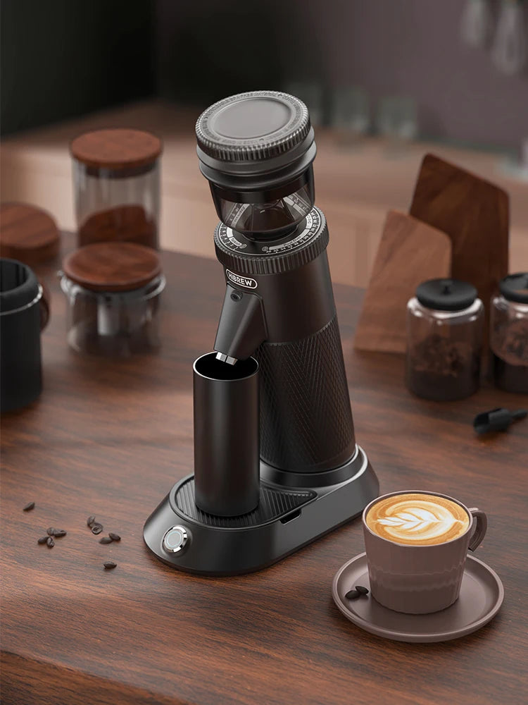 HiBREW matte black electric coffee grinder with adjustable burr settings and dosing cup on a wooden table.
