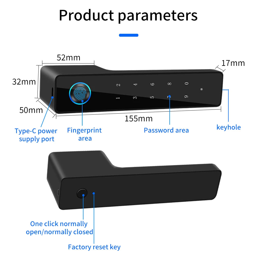 European Handle Door Fingerprint Lock Hidden Keyhole Tuya for Bedroom Study Magnetic One-word Minimalist Ecological Silent Lock