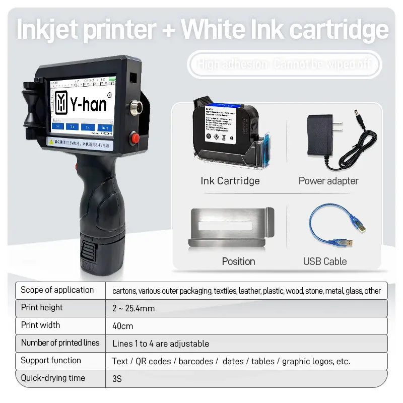 Handheld inkjet printer kit with white ink cartridge, power adapter, and USB cable