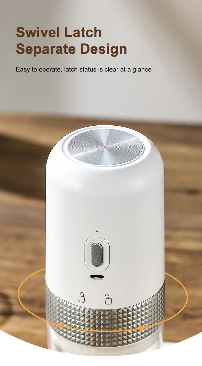 White portable coffee maker with metallic silver swivel latch lid and textured base for secure locking mechanism.