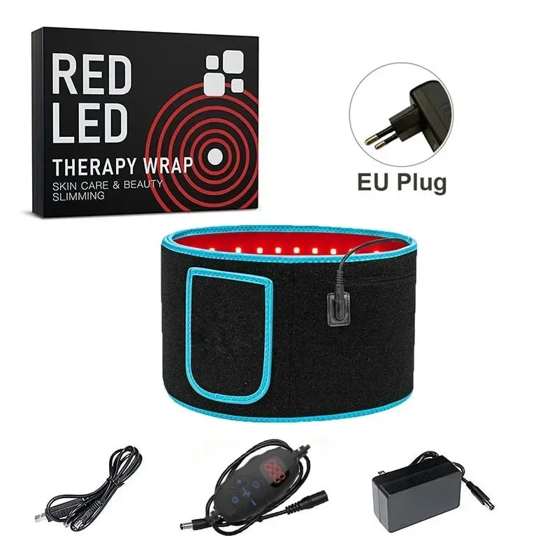 Red and infrared LED light therapy belt for pain relief and slimming with EU plug, controller, and accessories.