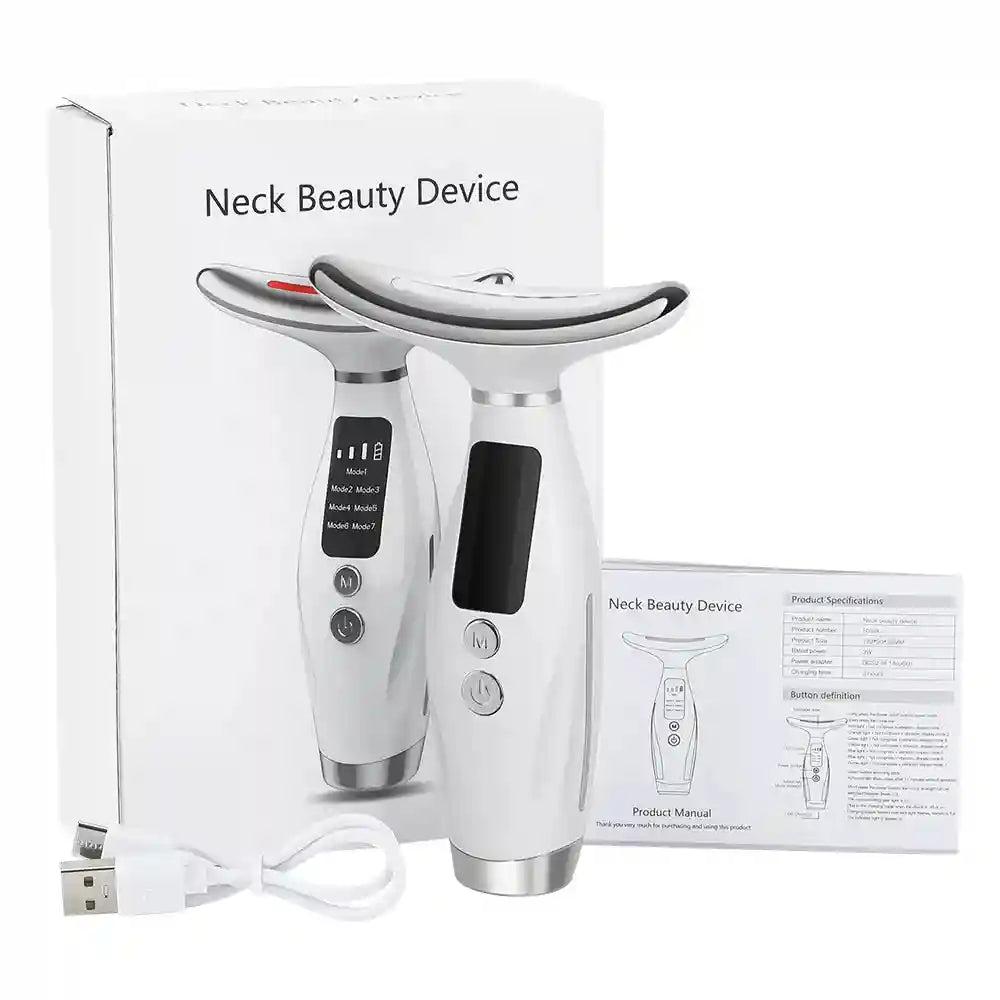 White T-shaped LED neck beauty massager with digital display, shown with its product box, manual, and USB cable.