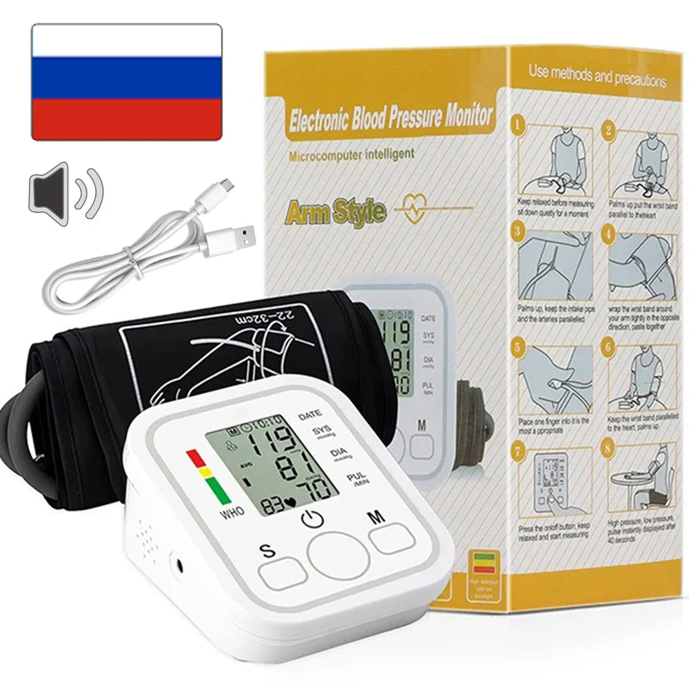 Automatic Digital Arm Blood Pressure Monitor Sphygmomanometer Tonometer Tensiometer Heart Rate Pulse Meter BP Monitor Healthy