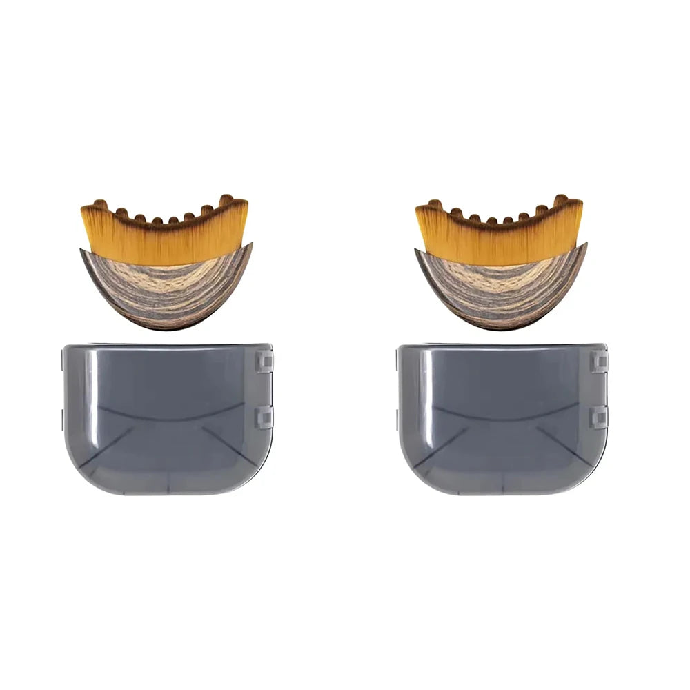 Two ergonomic facial brushes with brown wood-grain handles, yellow soft bristles, and translucent grey storage cases.