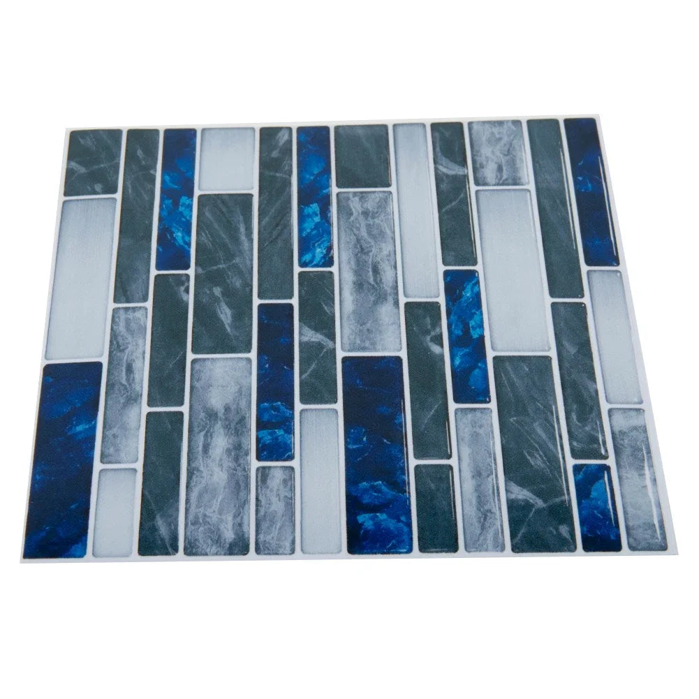 Blue and gray 3D mosaic tile wall sticker sheet with brick block pattern
