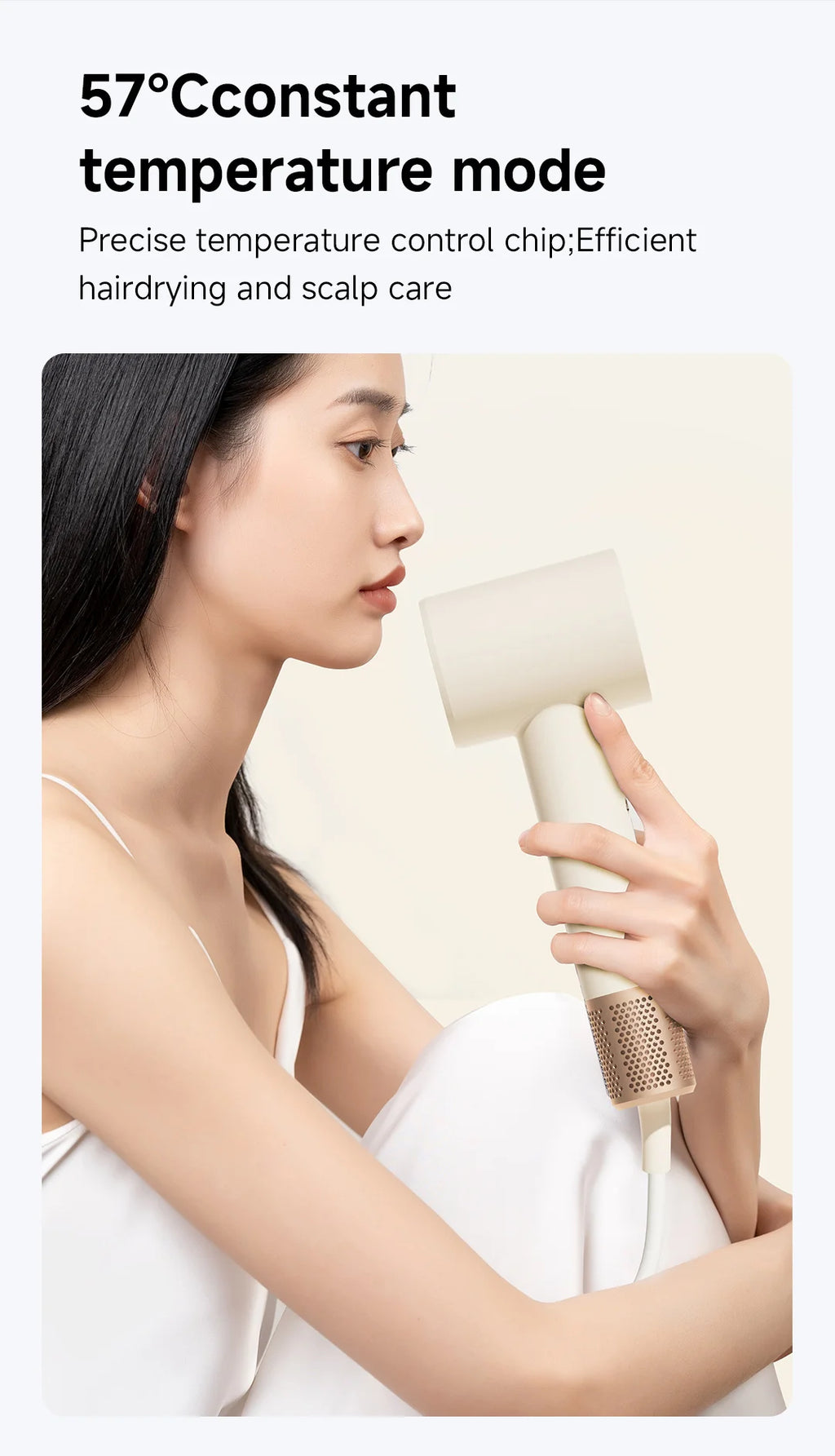 DOCO high-speed negative ion hair dryer in beige with gold accents, professional lightweight styling tool for home use.