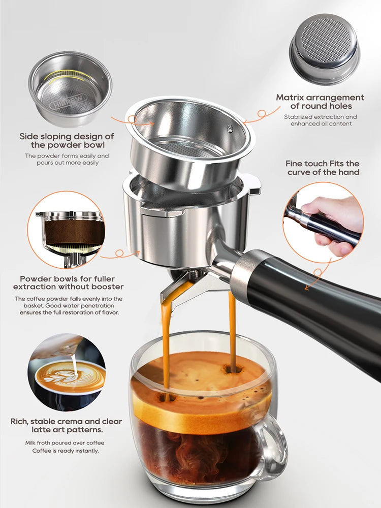 HiBREW stainless steel espresso portafilter with sloped filter basket and black ergonomic handle pouring into cup.