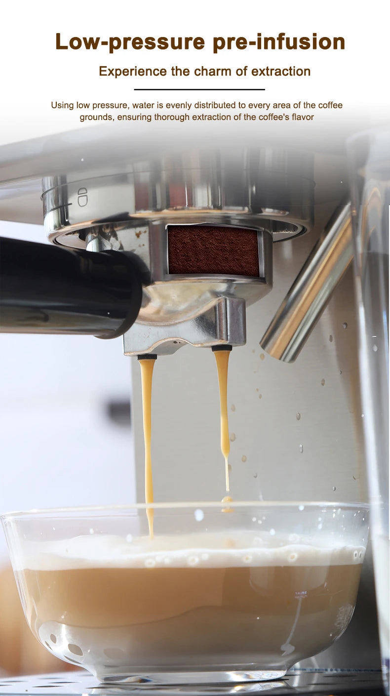 Stainless steel espresso machine brewing a double shot into a glass cup with low-pressure pre-infusion technology.