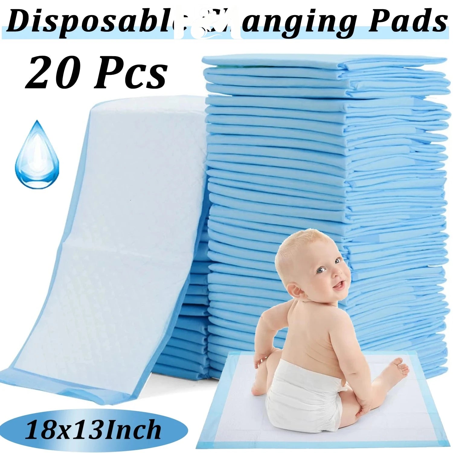 Stack of 20 blue disposable baby changing pads, 18x13 inch size, for convenient diaper care and surface protection.