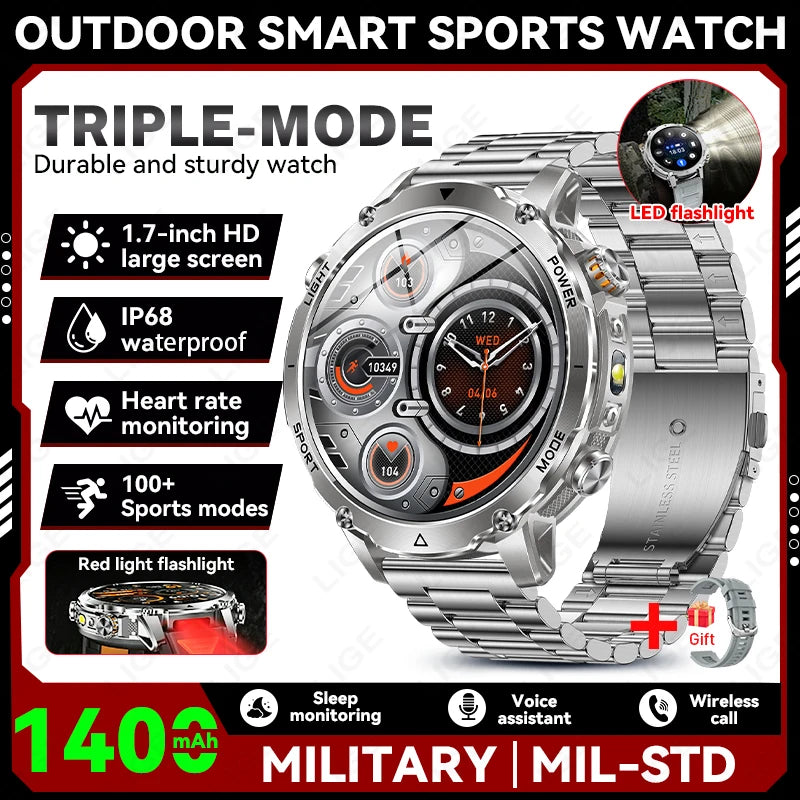 Silver metal smart sports watch with large round display and LED flashlight