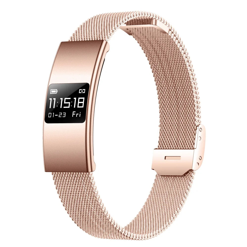 Rose-gold ultra-thin smart bracelet with light rose mesh band and rectangular fitness display
