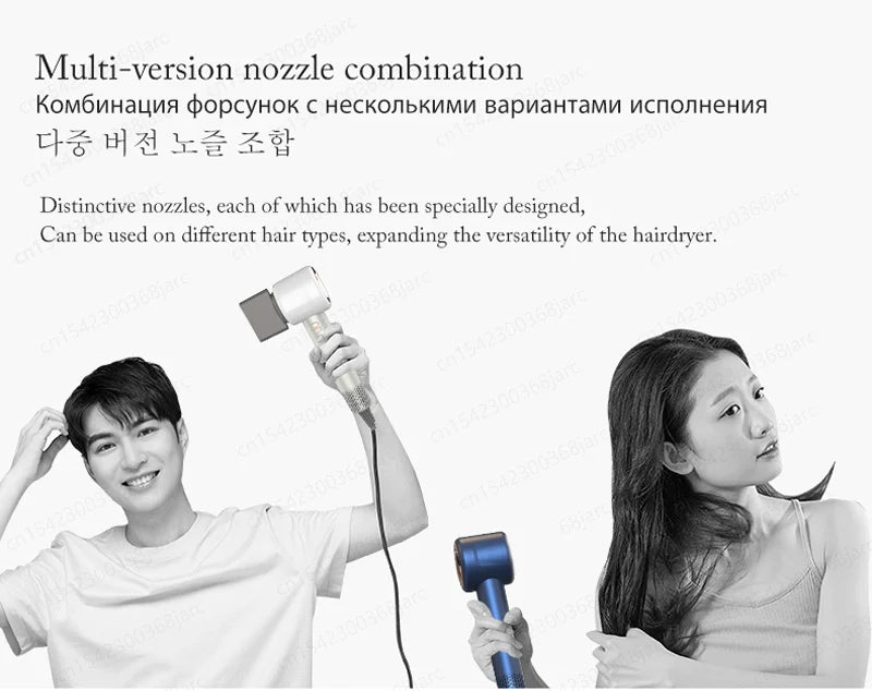 Professional blue and silver negative ion hair dryer with nozzle attachments for versatile salon-style hair care.