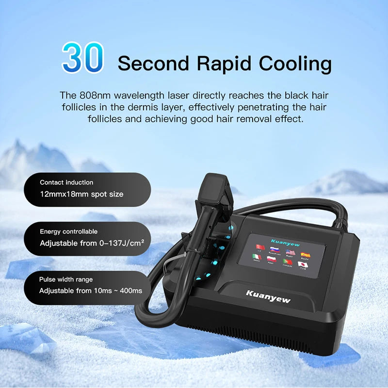 Black 808nm diode laser hair removal machine with cooling, touchscreen, and adjustable energy settings for skin care.