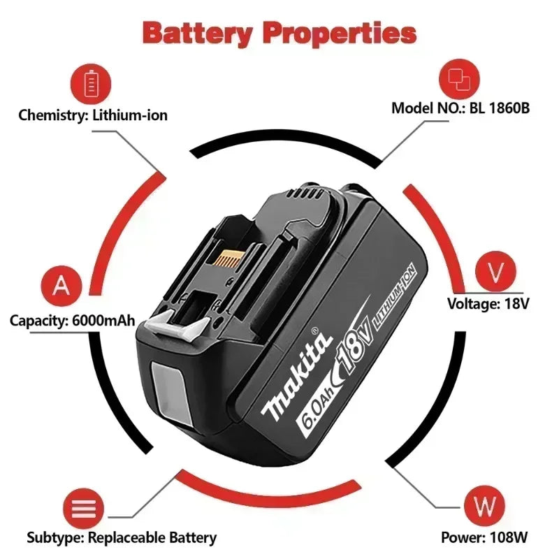 Original Makita Battery, 18V 6.0Ah Rechargeable Battery Power Tool BL1830 BL1840、BL1850、BL1860B、 Makita 18V