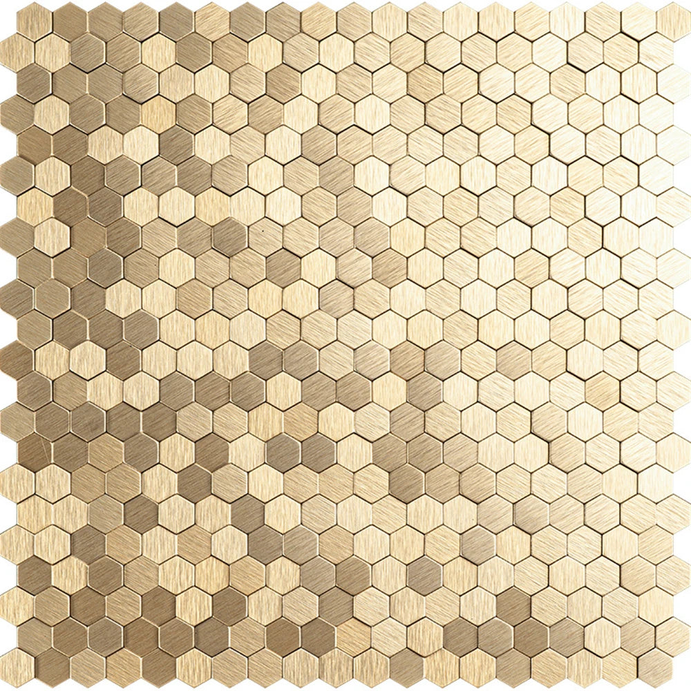 Hexagon metal mosaic tile sheet, warm light gold stainless steel finish