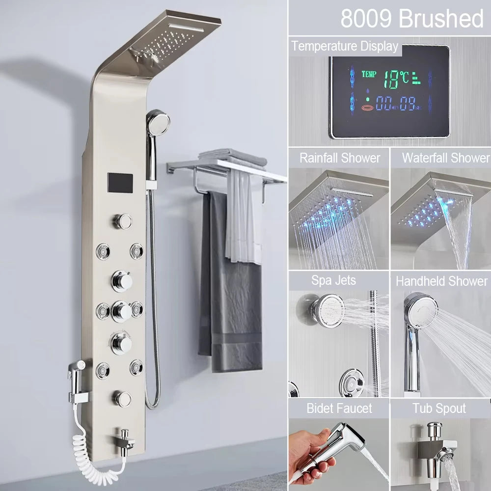 LED Light Shower Faucet Bathroom SPA Massage Jet Shower Column System Waterfall Rain Shower Panel Bidet Sprayer Tap