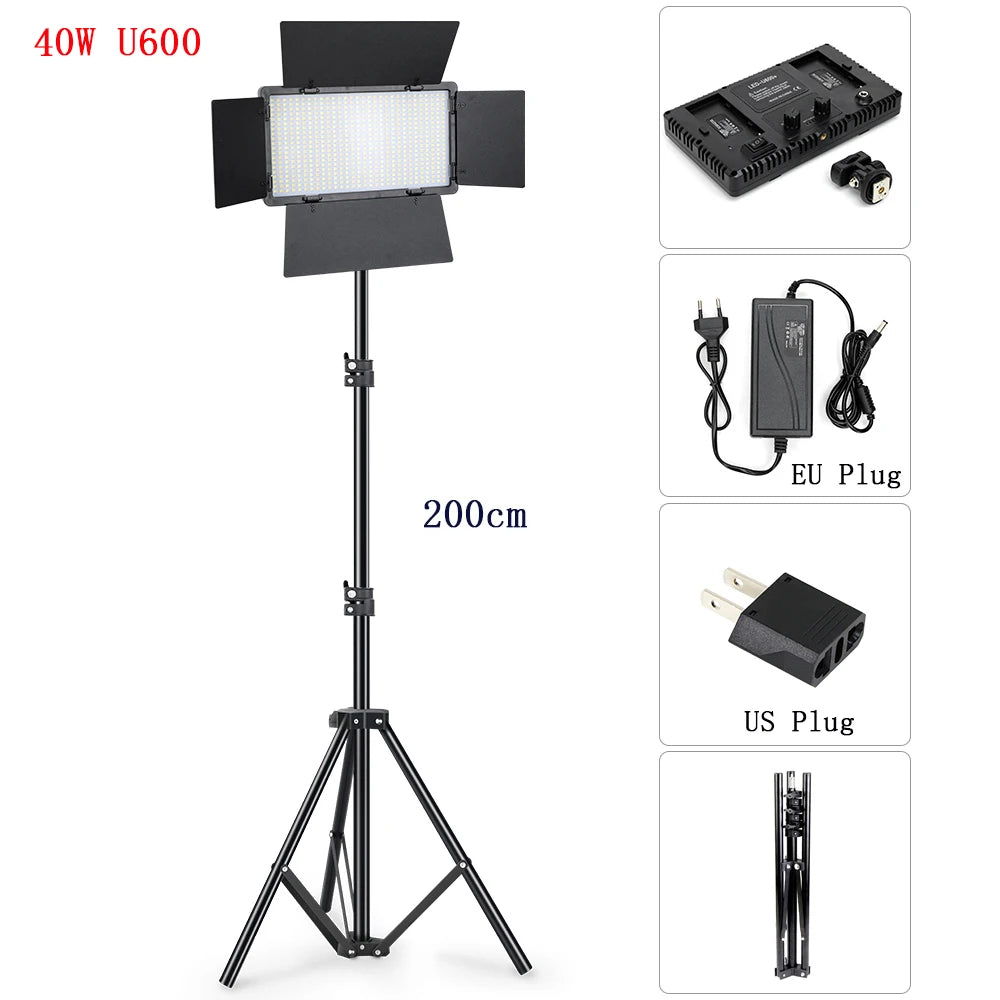 40W U600 LED panel light with barn doors on a 200cm tripod stand, including EU and US power adapters.
