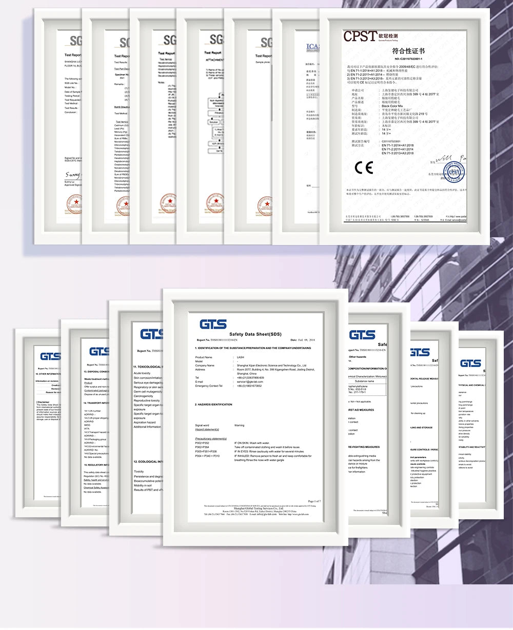 A collage of white-framed safety data sheets and compliance certificates for eyelash extensions.