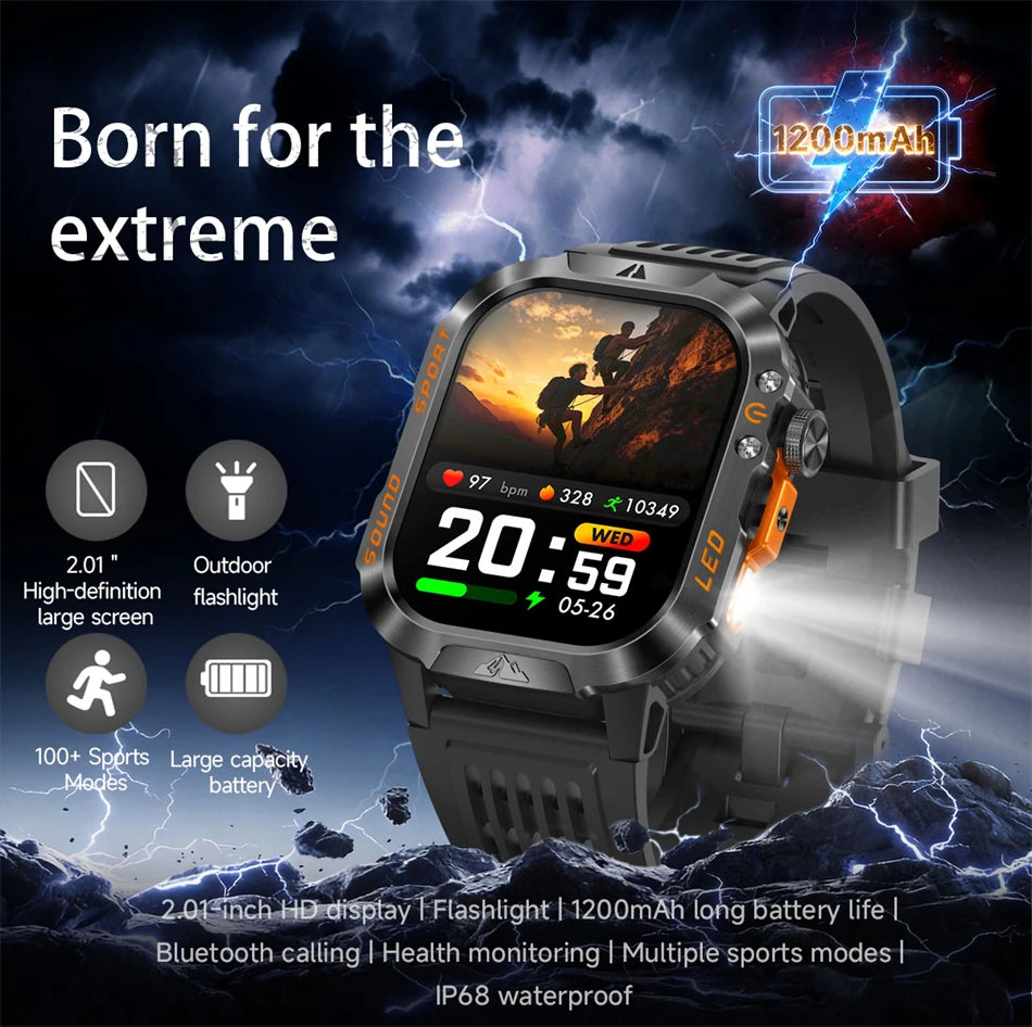 New Military Grade 1200mAh Battery Smartwatch Men 5ATM Waterproof Sports Tracker Flashlight Heart Rate AMOLED Screen Smart Watch