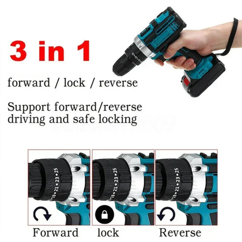 Gisam Cordless Impact Drill Electric Screwdriver Rechargeable Handheld Hammer Drill Power Tool 25+3 Torque Driver Li-ion Battery