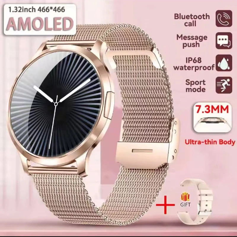 Women’s ultra-thin AMOLED smart watch, gold-tone mesh band, round analog display