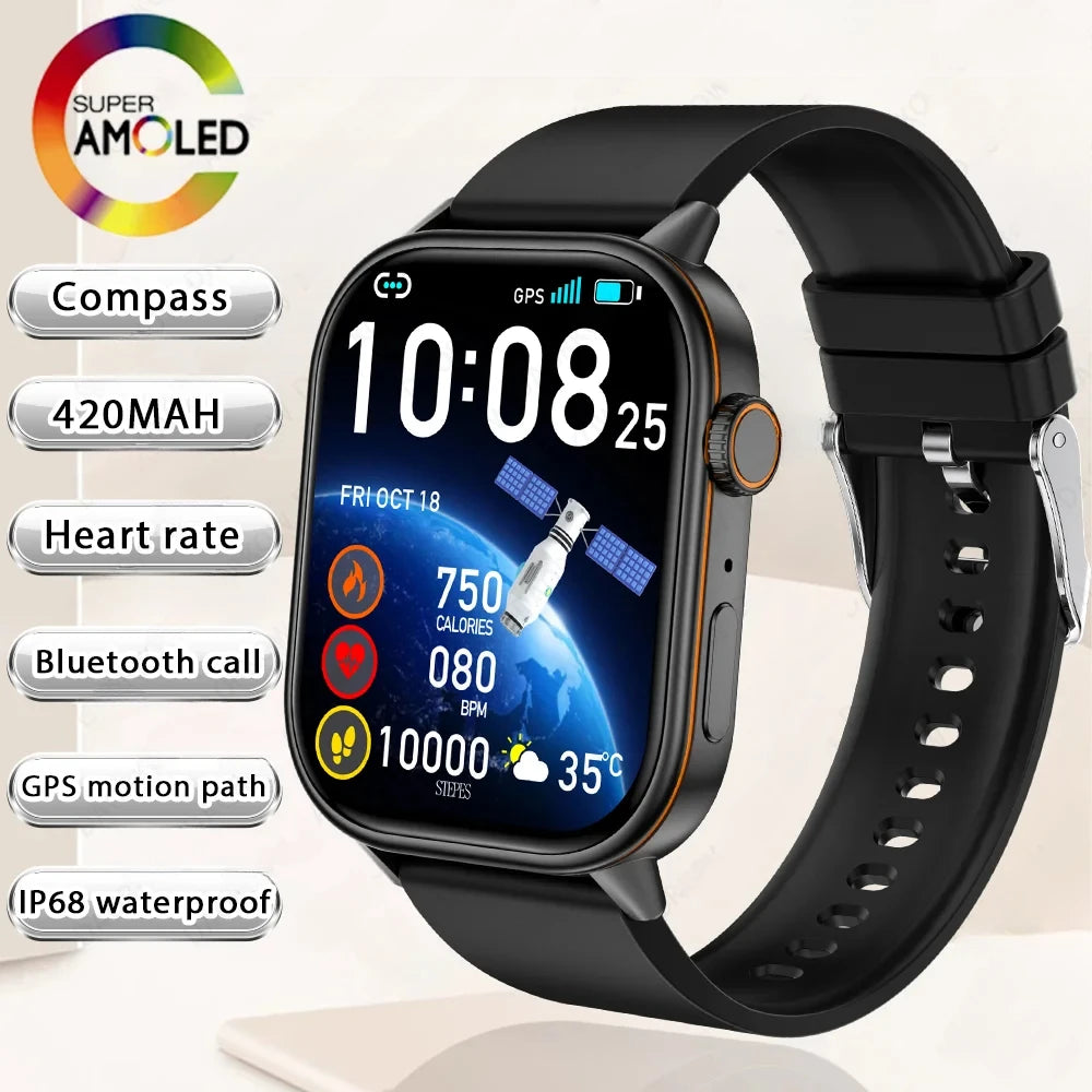 Black silicone-strap smartwatch with AMOLED display showing GPS and health icons