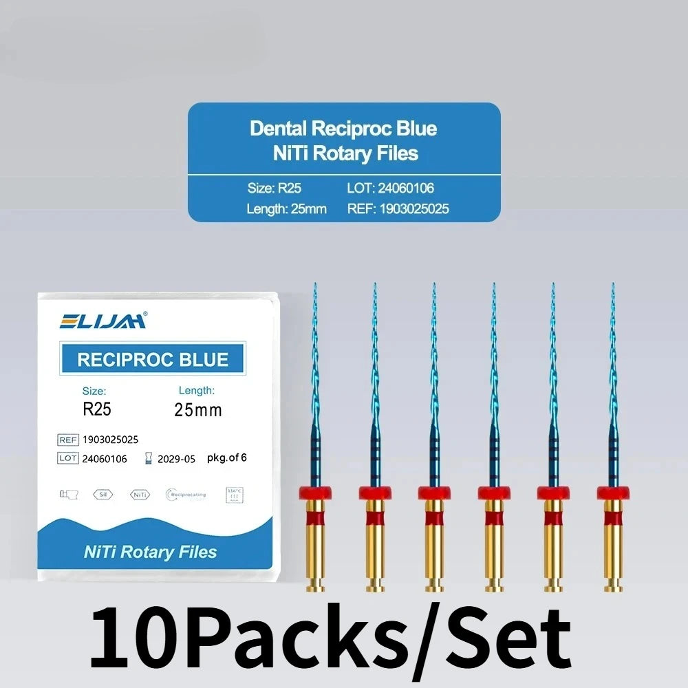 SYJH 10-pack set of blue NiTi reciprocating dental endodontic files, 25mm R25 rotary root canal instruments.