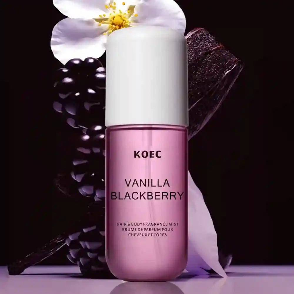 KOEC Vanilla Blackberry 50ml hair and body fragrance mist in a sleek pink cylindrical bottle with white cap.
