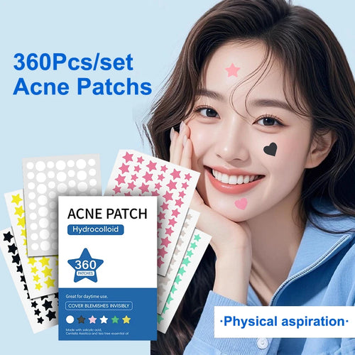 Hydrocolloid acne patch set with star-pattern sheets in white, pink, and black boxes