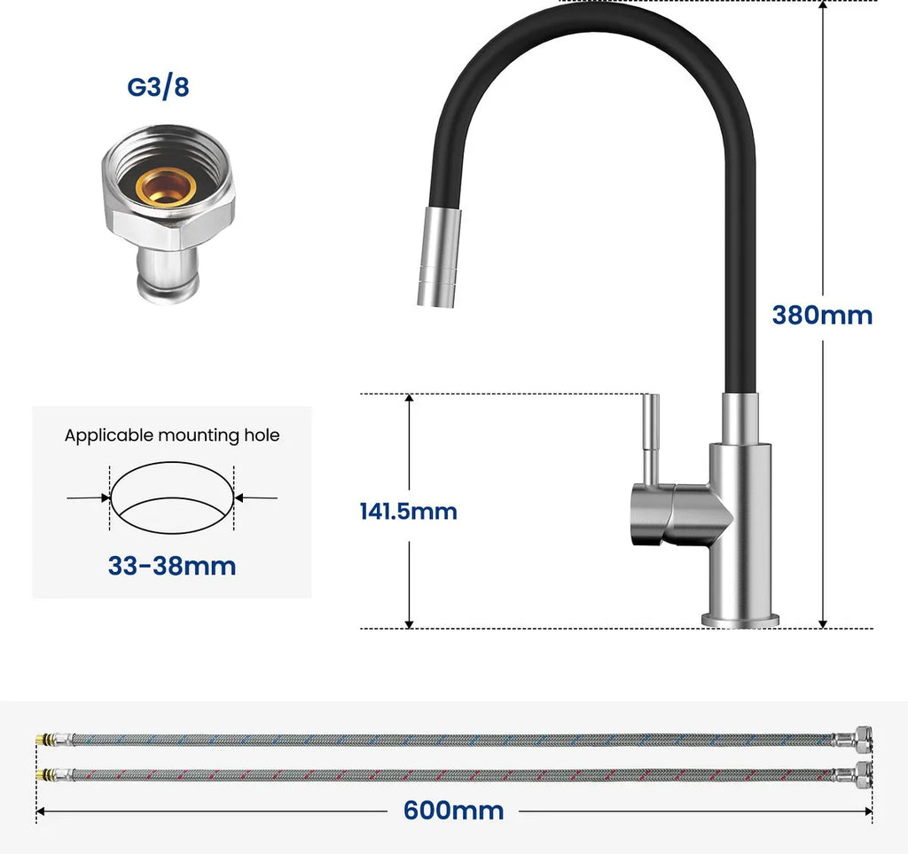 Black Kitchen Flexible Mixer, Kitchen Faucet with 2 Spray Types, Foldable Kitchen Faucet, Black Faucet with Hot and Cold Water, 360° Swivel