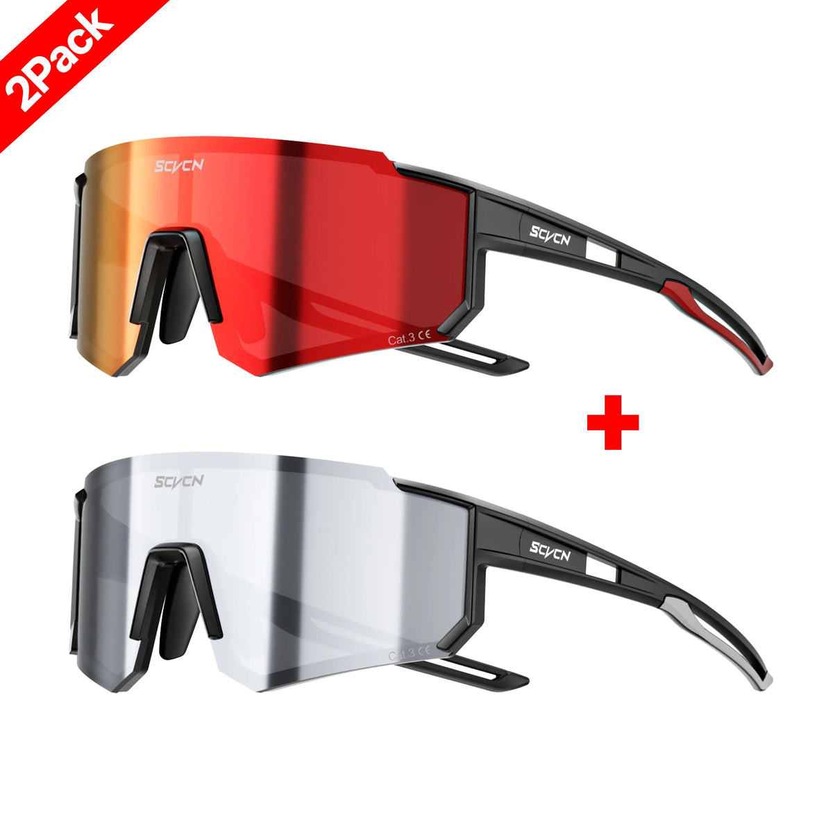 2-pack sports sunglasses set with red and silver mirrored lenses